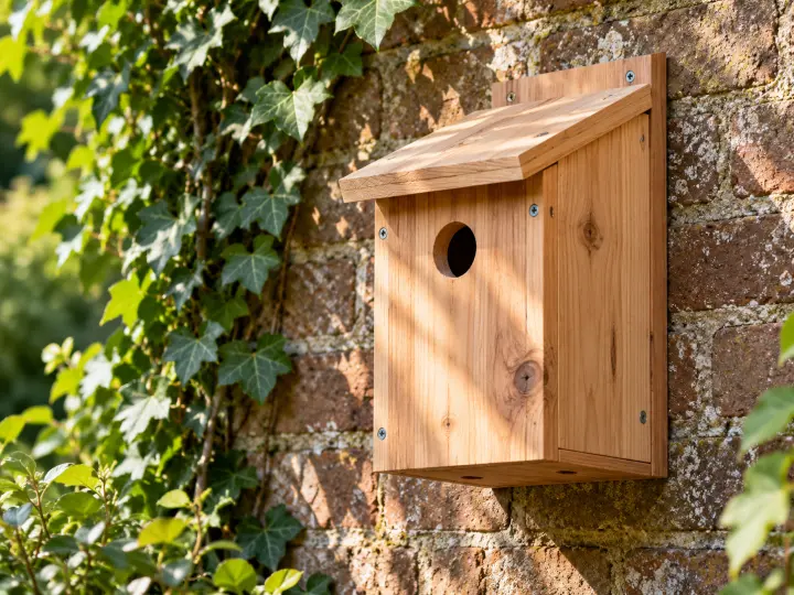 An unpainted wooden bird nesting box with a sloping roof and no outside perch, mounted on a garden wall.