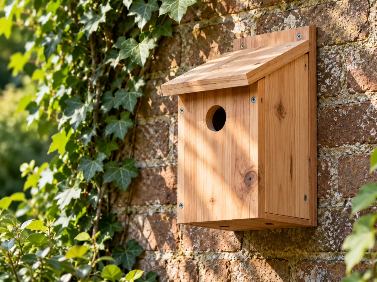 An unpainted wooden bird nesting box with a sloping roof and no outside perch, mounted on a garden wall.
