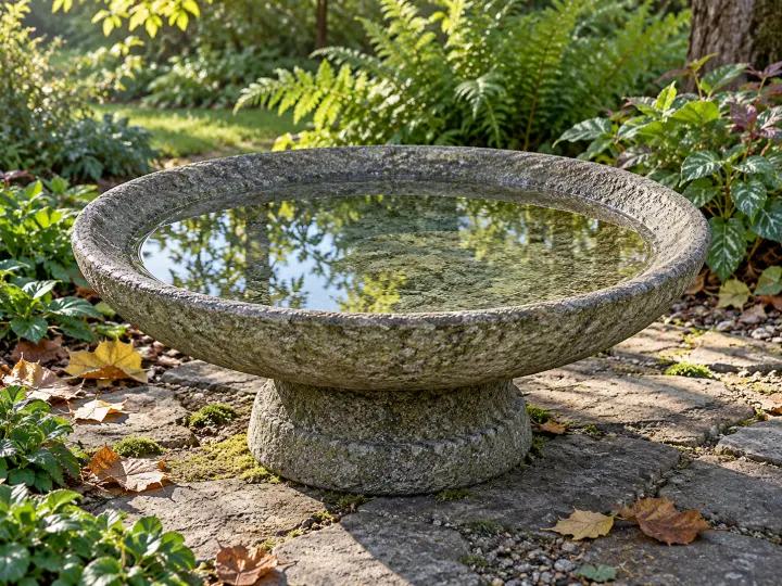 A shallow textured stone bird bath holding clear water on a low pedestal in a leafy garden.