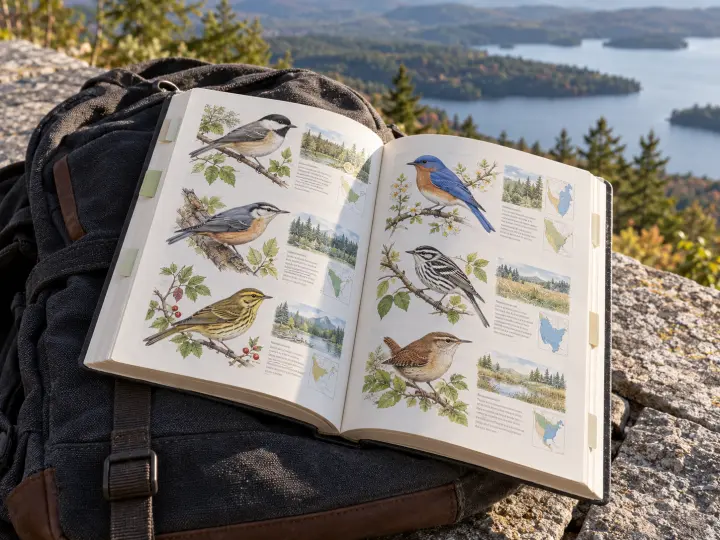 An illustrated bird field guide open across a canvas daypack, showing bird drawings and small range maps.