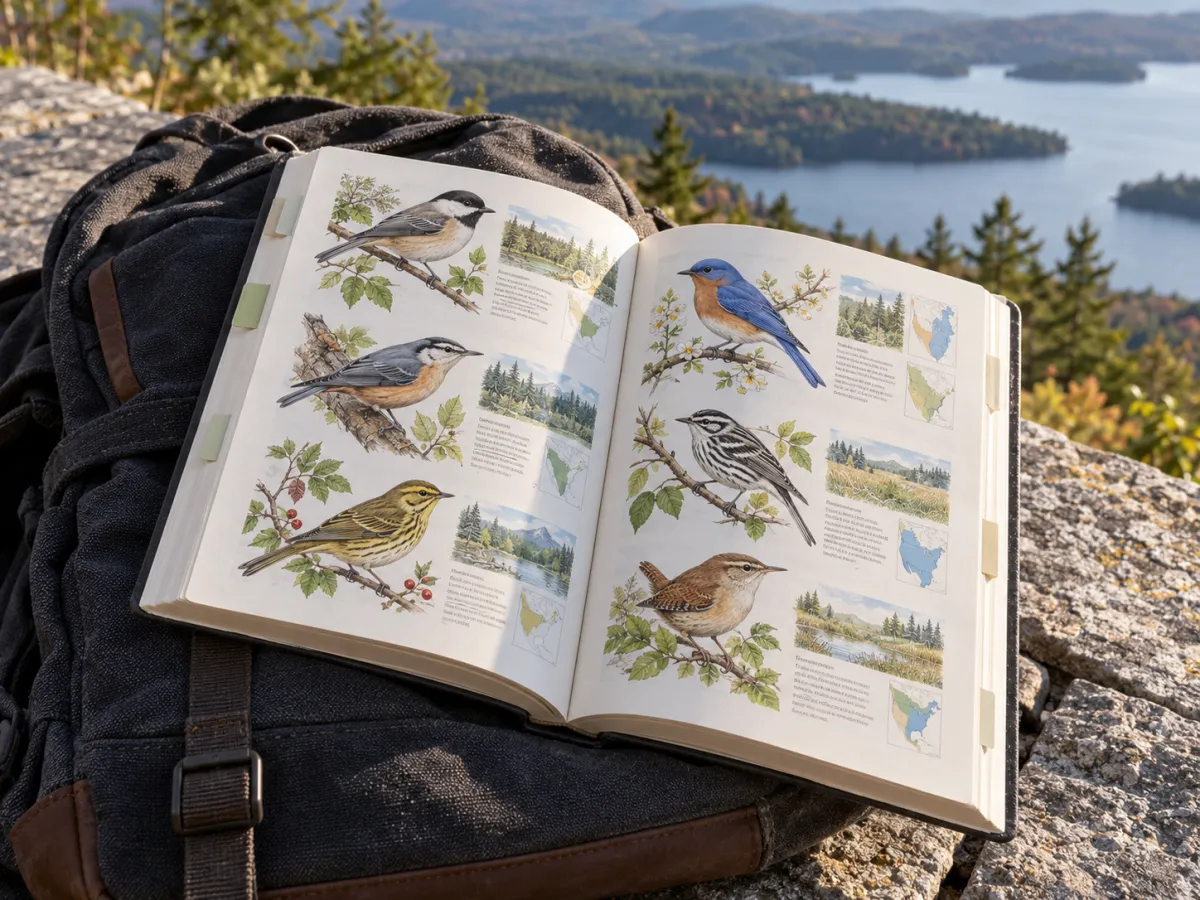 An illustrated bird field guide open across a canvas daypack, showing bird drawings and small range maps.