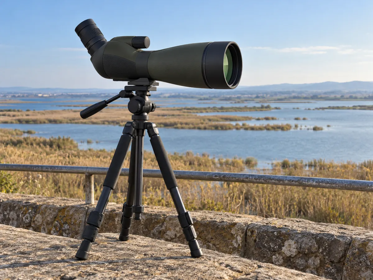 An angled spotting scope mounted on a three-legged tripod overlooking coastal wetlands.