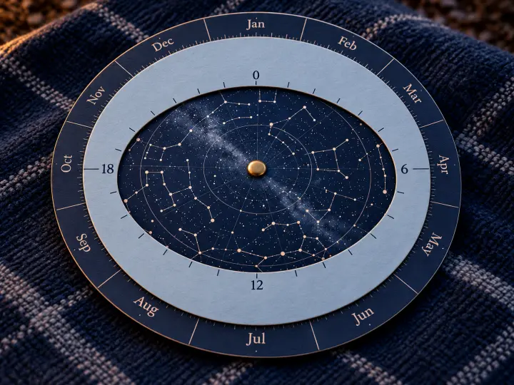 A rotating planisphere with an oval sky window, a central pivot and month markings, resting on a dark blue blanket.