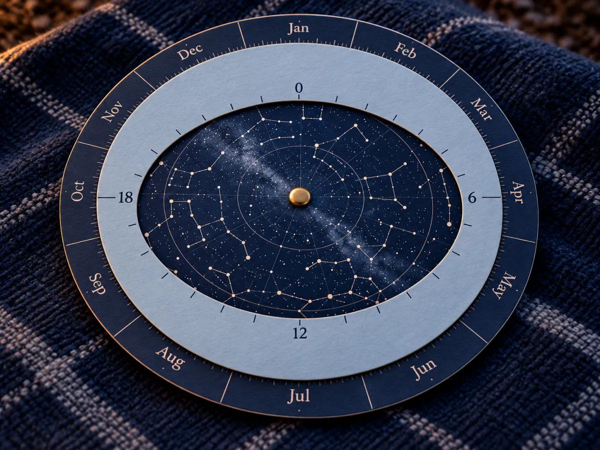 A rotating planisphere with an oval sky window, a central pivot and month markings, resting on a dark blue blanket.