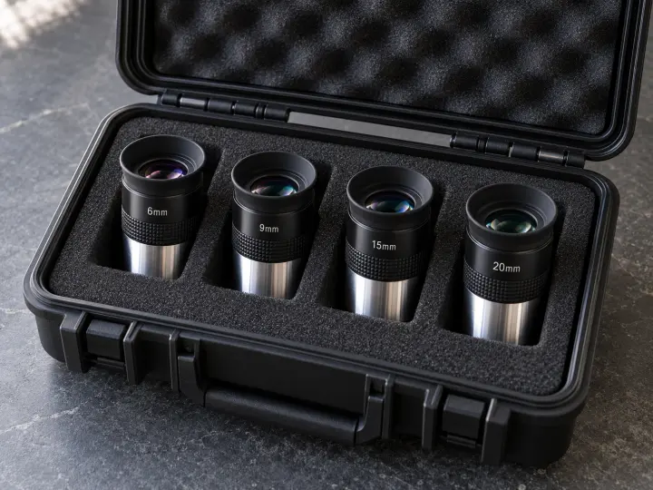 Four telescope eyepieces marked 6mm, 9mm, 15mm and 20mm held in separate foam slots in a protective case.