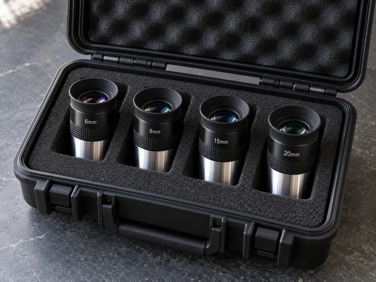 Four telescope eyepieces marked 6mm, 9mm, 15mm and 20mm held in separate foam slots in a protective case.