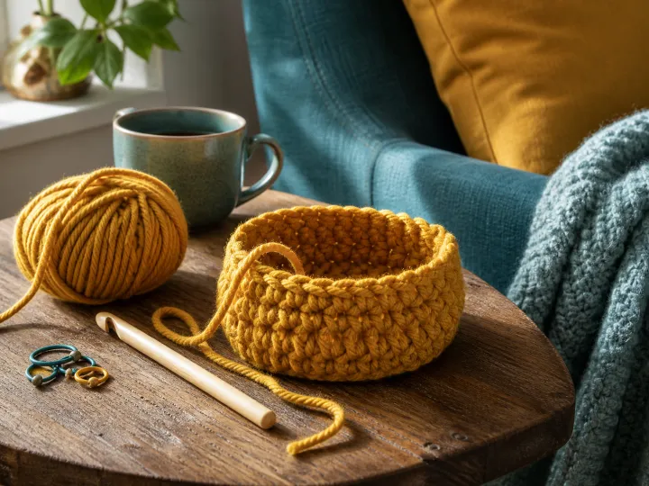 Mustard yarn, a wooden crochet hook and a half-finished crocheted basket on a side table.