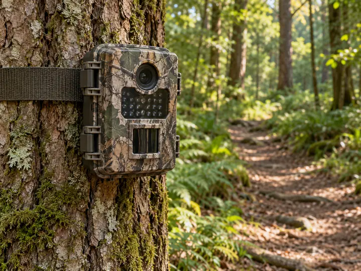 A compact camouflage trail camera strapped securely to a tree beside a woodland path.