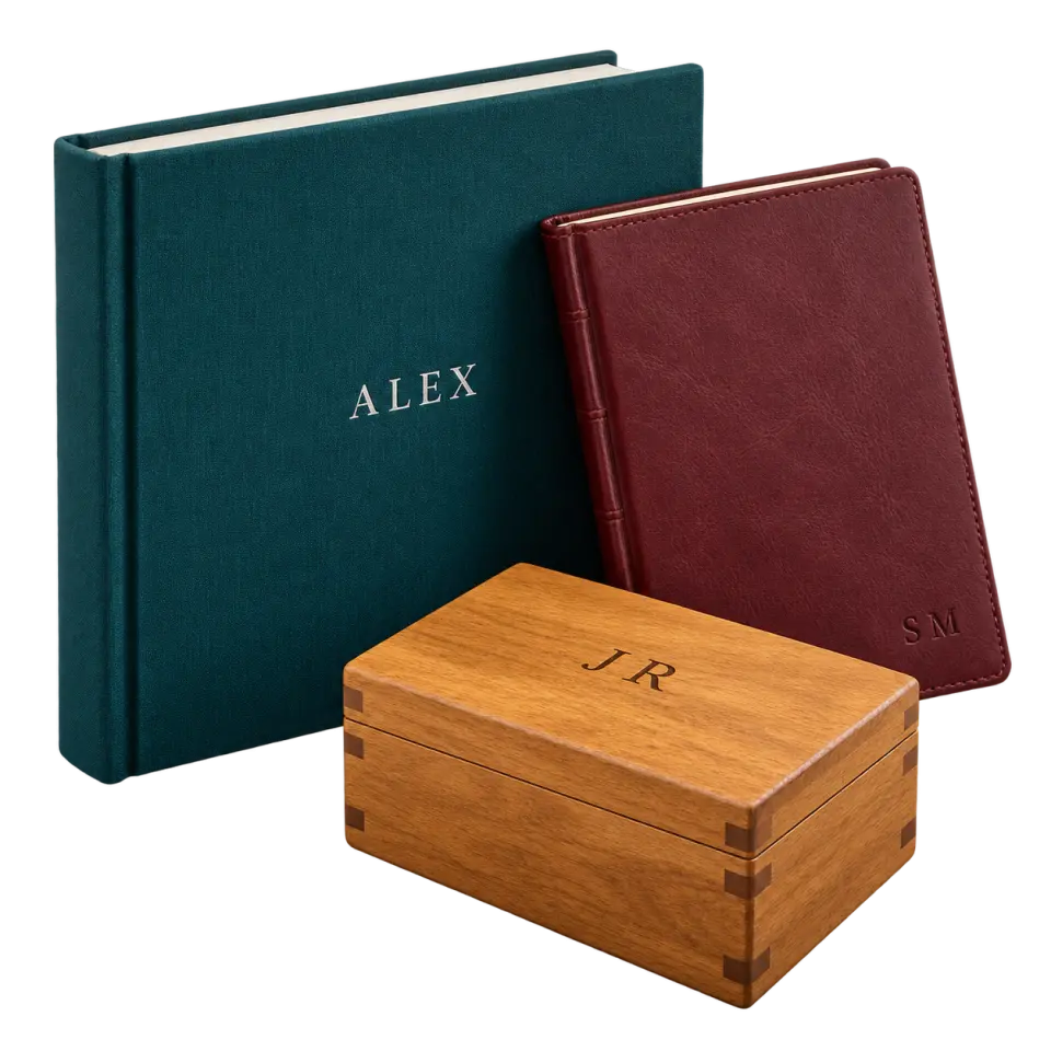 A teal photo album marked Alex, a burgundy journal with initials and an engraved wooden keepsake box.