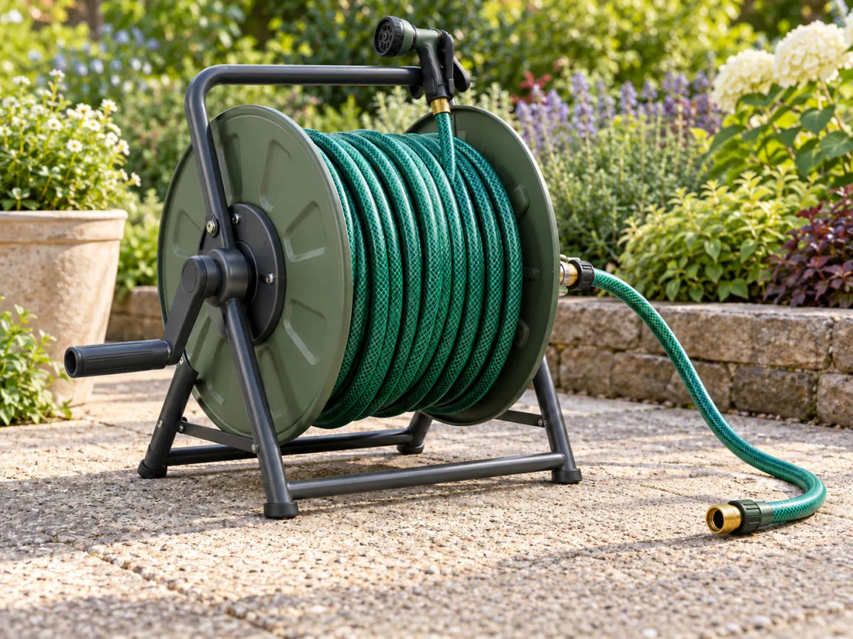 A freestanding manual garden hose reel with a neatly wound green hose.