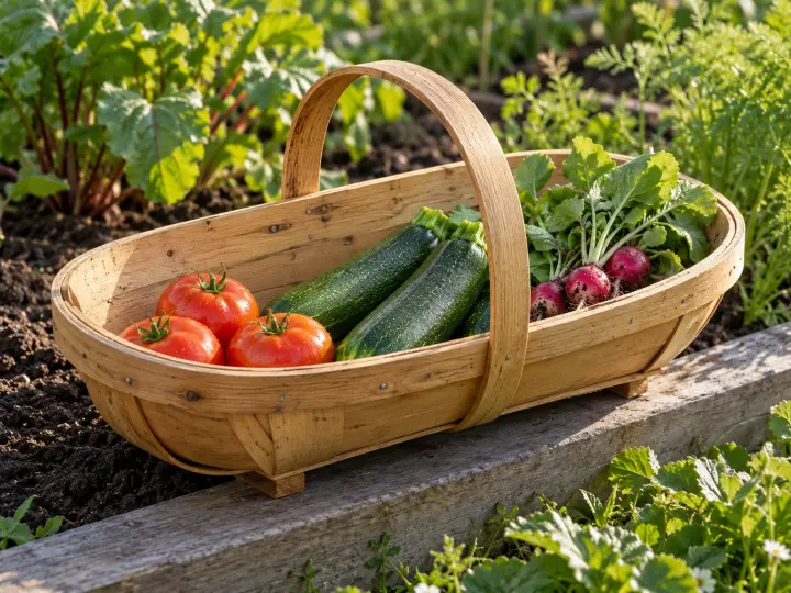 A shallow wooden garden trug holding freshly picked tomatoes, zucchini and radishes.