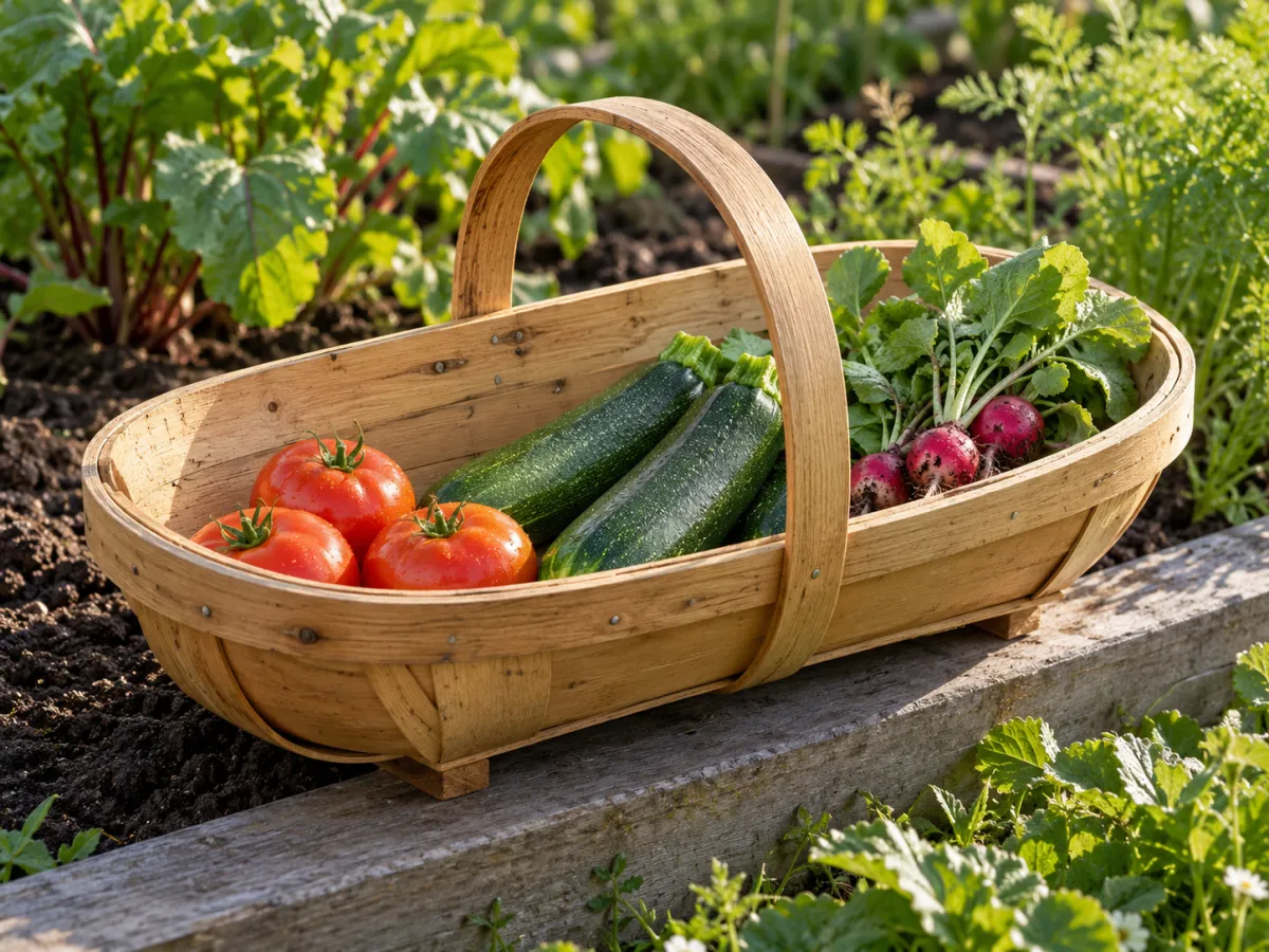 A shallow wooden garden trug holding freshly picked tomatoes, zucchini and radishes.