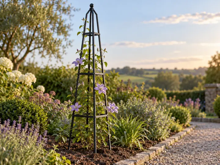 A black metal garden obelisk supporting a young flowering clematis in a garden border.