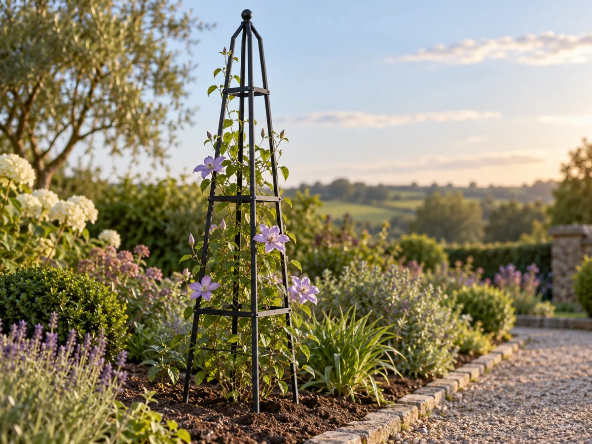 A black metal garden obelisk supporting a young flowering clematis in a garden border.