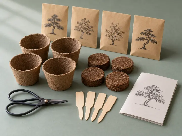 A grow-from-seed bonsai kit with fiber pots, soil discs, tree-seed packets, markers and small scissors.