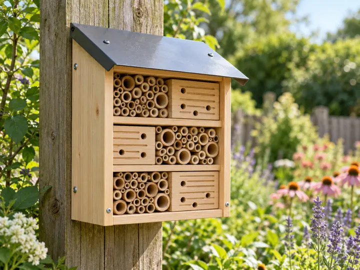 A small roofed wooden insect hotel with smooth nesting tubes, fixed securely to a garden fence.