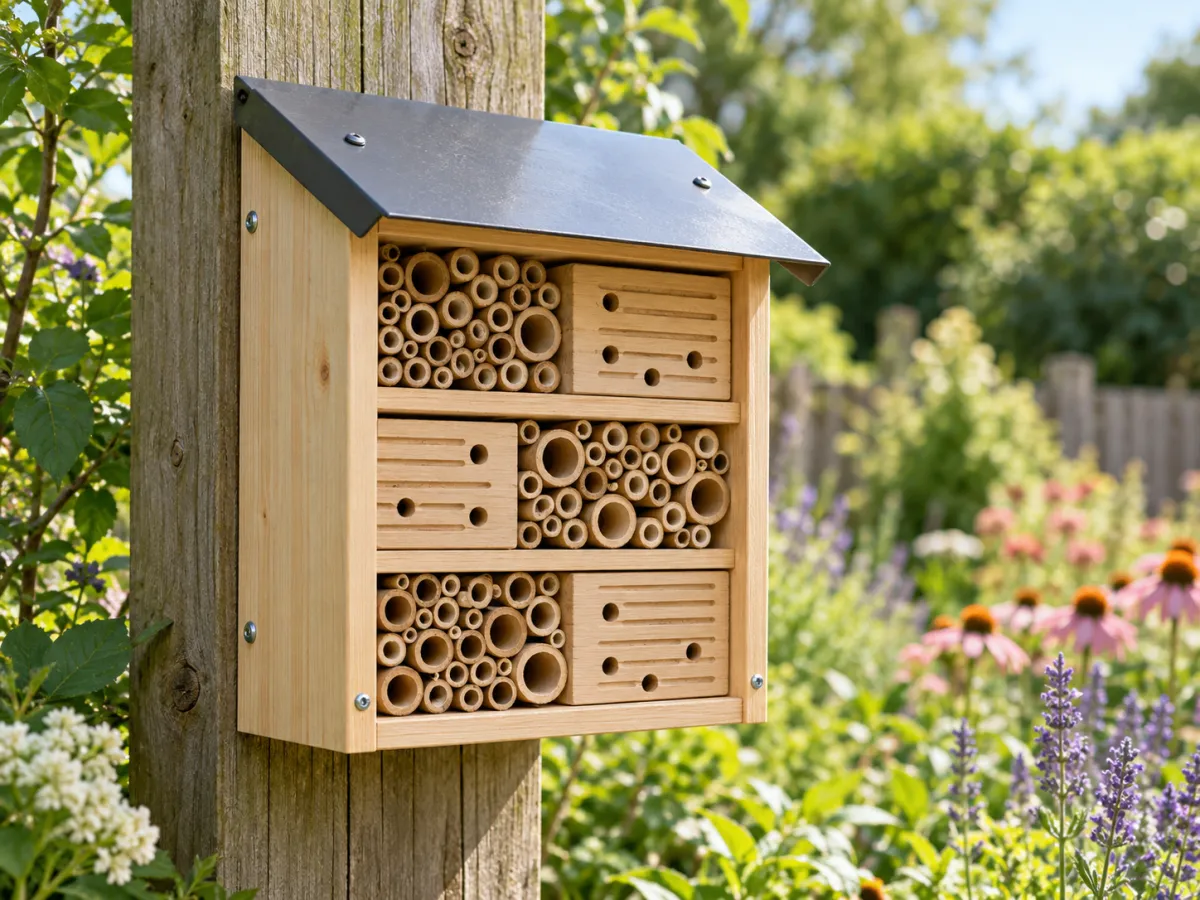A small roofed wooden insect hotel with smooth nesting tubes, fixed securely to a garden fence.
