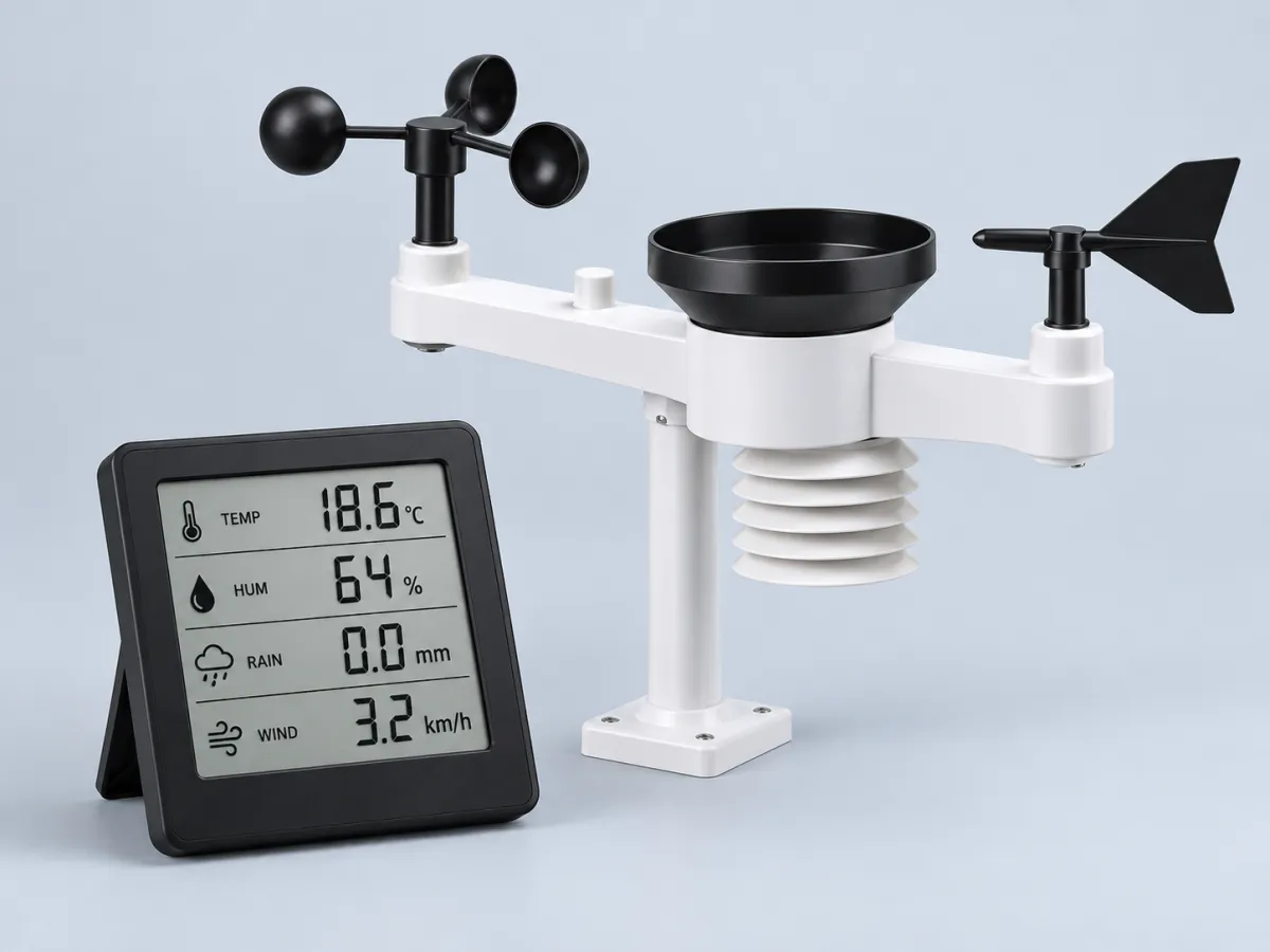 An outdoor weather-sensor array with a rain collector, wind cups and vane beside a separate indoor display.