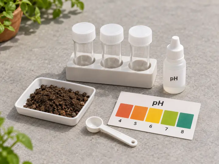 A home soil-testing set with capped sample tubes, reagents, a pH color chart and a small soil sample.