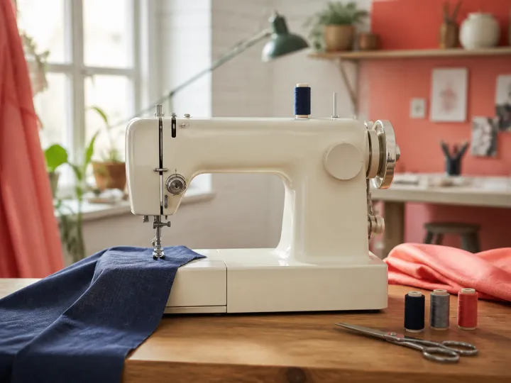 A plain cream sewing machine stitching indigo fabric in a bright coral-accented studio.