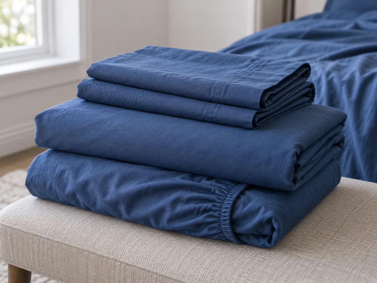 A folded blue bed linen set with pillowcases and the elastic corner of a fitted sheet visible.