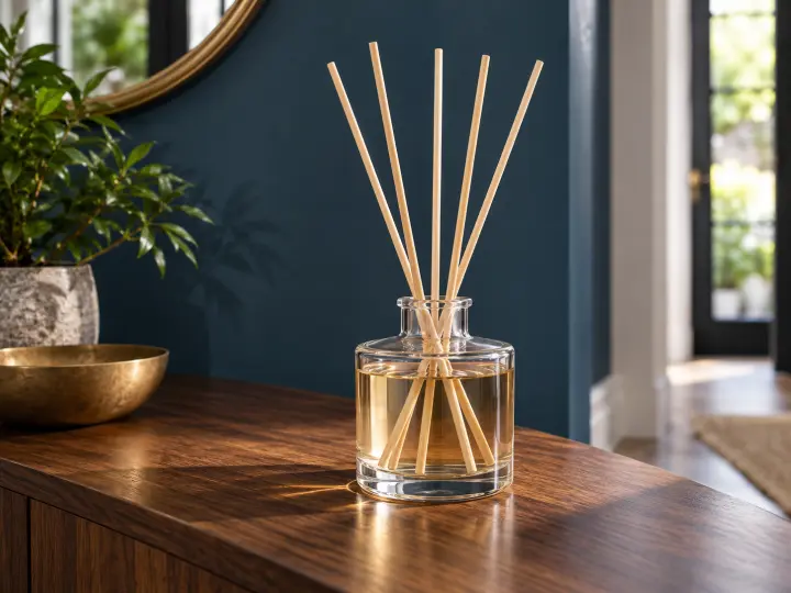 A clear glass reed diffuser with pale amber liquid and five natural reeds on a hallway console.