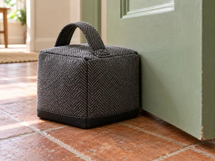 A weighted charcoal fabric doorstop with a carry handle holding an interior door open.