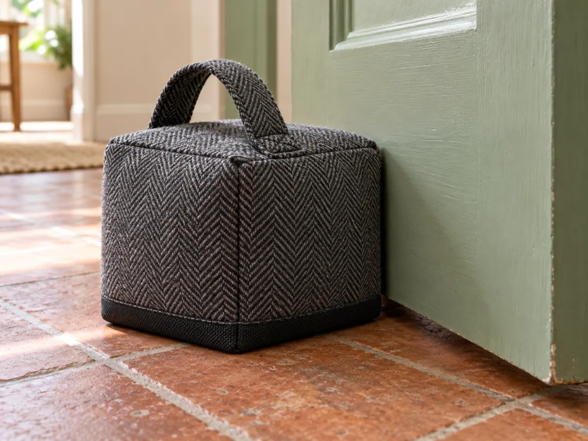 A weighted charcoal fabric doorstop with a carry handle holding an interior door open.