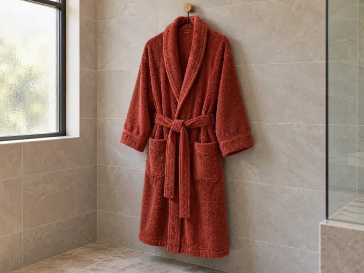 A rust-red terry bathrobe with a shawl collar, two pockets and a waist tie hanging in a bathroom.