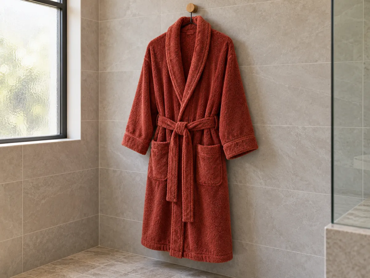 A rust-red terry bathrobe with a shawl collar, two pockets and a waist tie hanging in a bathroom.