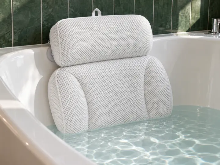 A white mesh bath pillow with a headrest and shoulder panel attached to the sloping back of a bathtub.