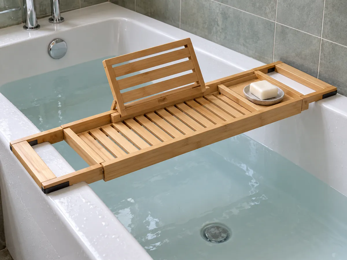 An expandable bamboo bath tray resting across both bathtub rims, with a raised book support and a soap dish.