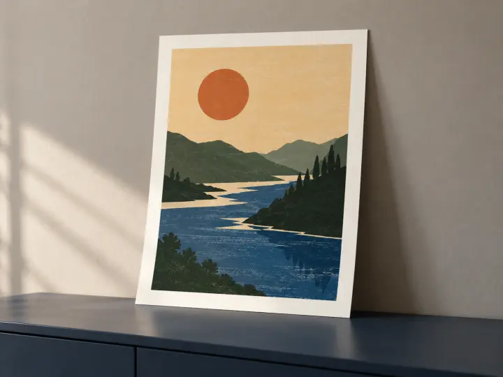 An unframed landscape art print with a broad white border, showing a sun above green hills and a blue river.