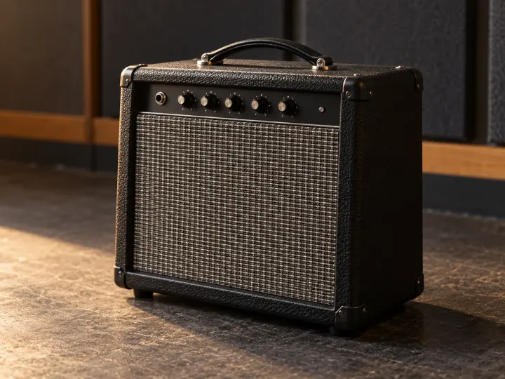 Compact black guitar amplifier with a woven speaker grille and carrying handle on a rehearsal-room floor.