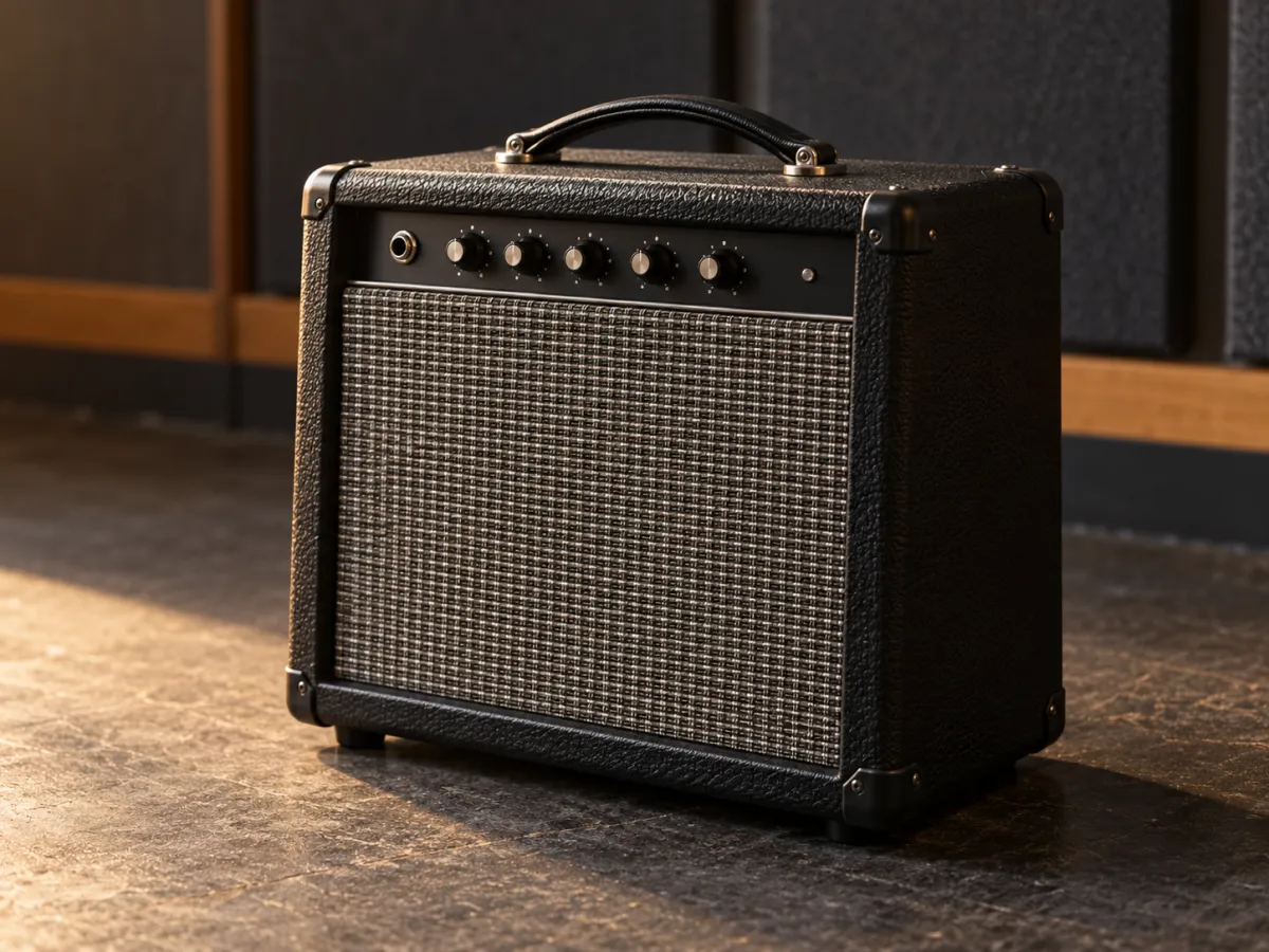 Compact black guitar amplifier with a woven speaker grille and carrying handle on a rehearsal-room floor.