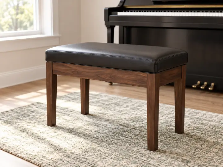 Walnut piano bench with a padded black seat and four wooden legs beside a softly blurred piano.