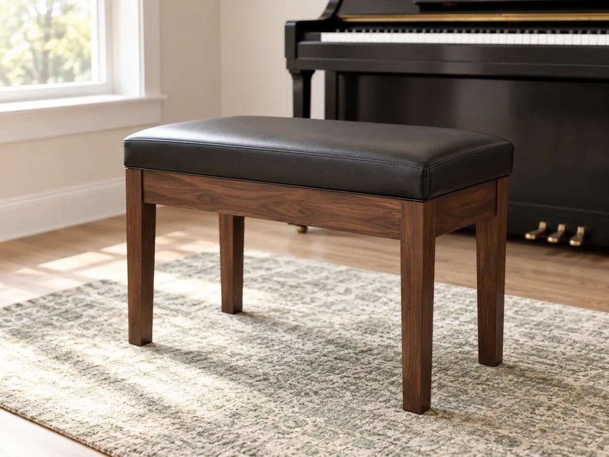 Walnut piano bench with a padded black seat and four wooden legs beside a softly blurred piano.