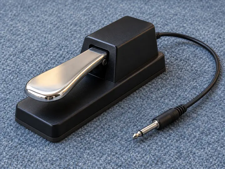 Silver piano-style sustain pedal on a black base with its cable and quarter-inch jack on a blue-gray floor.