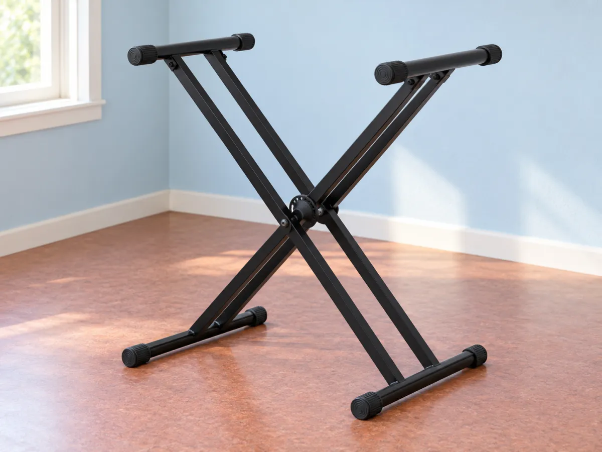 Empty black double-X musical keyboard stand with padded top rails and rubber-ended floor bars in a bright room.