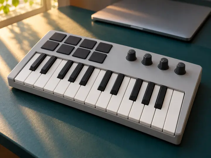 Compact gray MIDI keyboard controller with two octaves of keys, eight pads and four knobs on a teal desk.