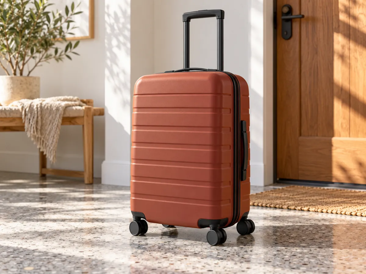 Terracotta hard-shell cabin suitcase with an extended handle and spinner wheels beside a sunlit doorway.