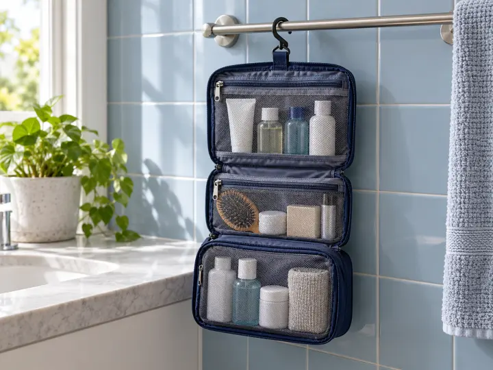 Navy hanging toiletry organizer holding small wash bottles behind mesh pockets on a bathroom rail.