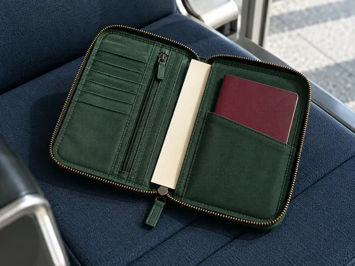 Open green zip-around document wallet with a plain burgundy passport booklet and a cream paper slip on a blue seat.