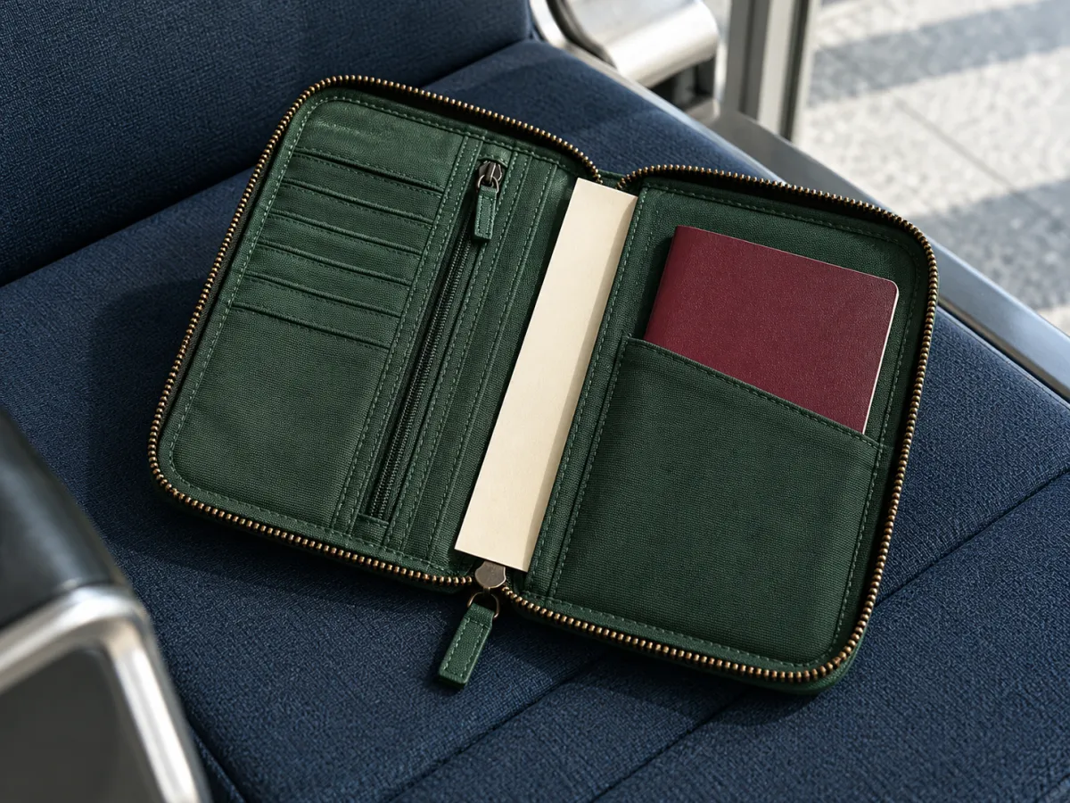 Open green zip-around document wallet with a plain burgundy passport booklet and a cream paper slip on a blue seat.