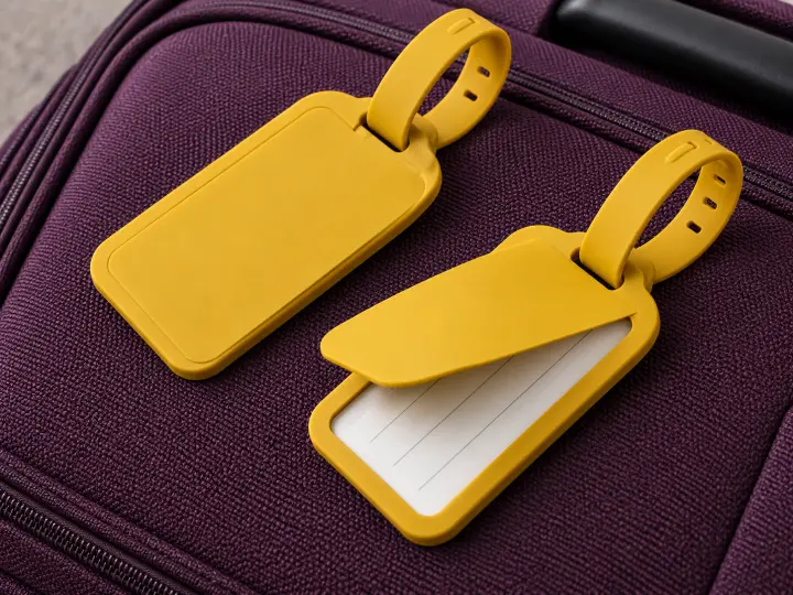 Two yellow silicone luggage tags on purple luggage fabric, with one privacy flap lifted above a blank insert.