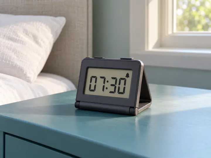 Small folding graphite travel alarm clock showing 07:30 on a teal bedside shelf.