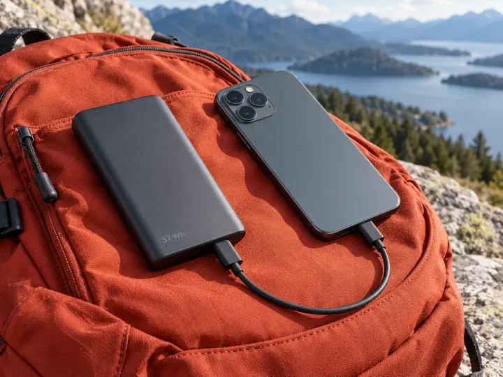 Charcoal power bank marked 37 Wh connected by one short cable to a phone on an orange backpack outdoors.