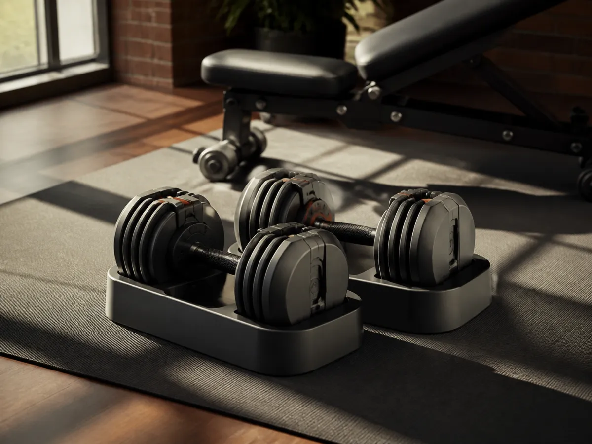 A pair of adjustable dumbbells in compact trays on a home workout mat.