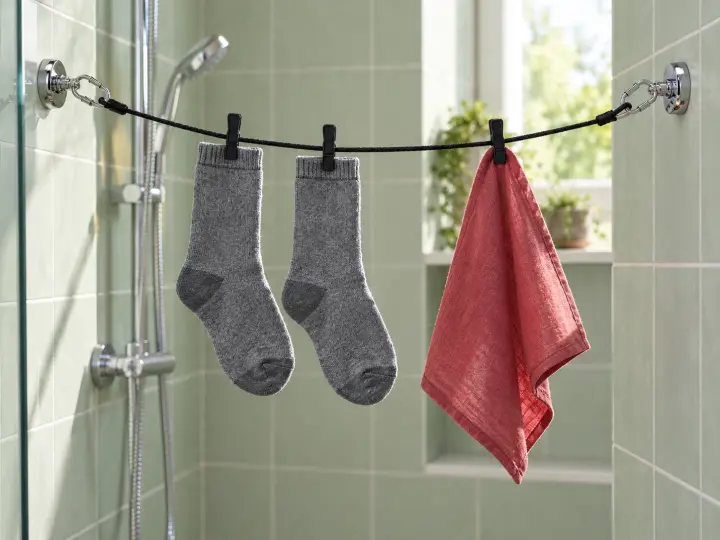 A short black travel clothesline holds two gray socks and a red cloth between bathroom hooks.