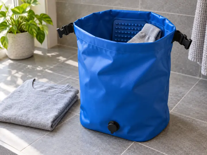 Open blue roll-top manual washing bag with a textured inner panel, a gray sock and a separate folded shirt.